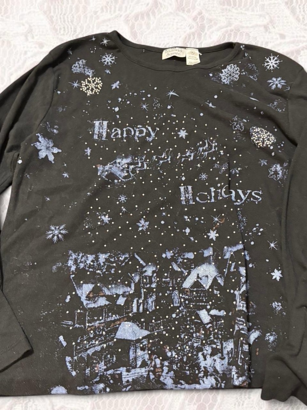 Women’s Black Long Sleeve Holiday Graphic Tee with Blue Accents